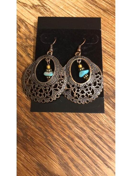 Jewelry - Brand New Beautiful Ornate Turquoise Bead Dangle Bronze Earrings
